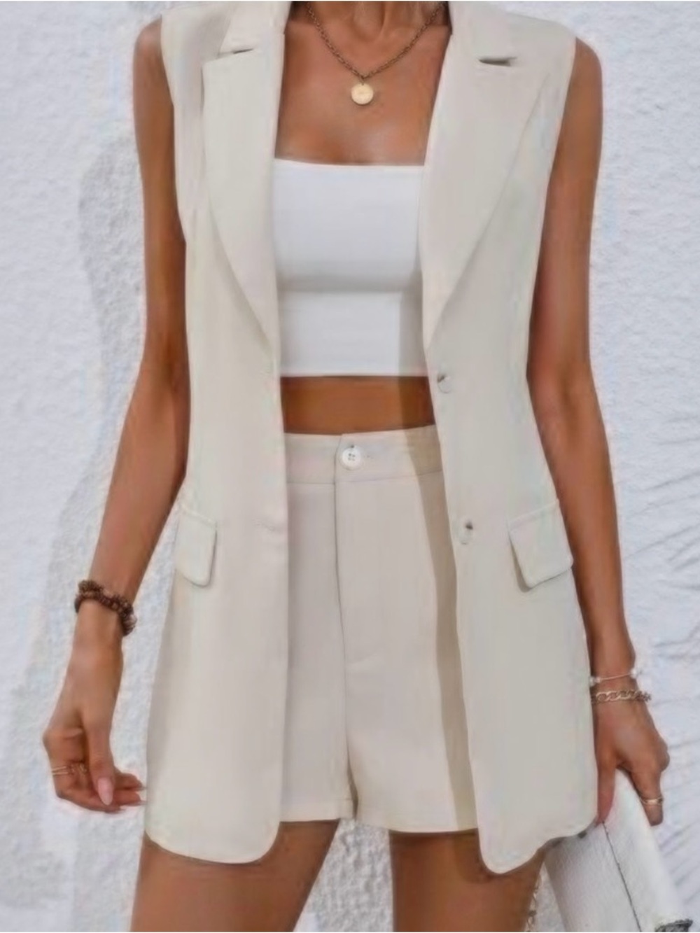 SHEIN Cream Sleeveless Blazer Romper Set